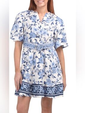 Joie Blue and White Floral Mini Dress with Fabric Tie